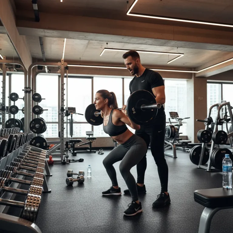 Illustration of a coach beside a woman squatting with a barbell in a bright gym