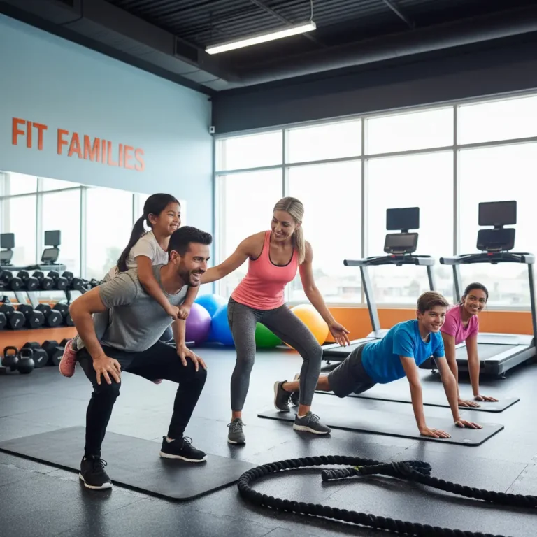 Illustration of a family doing a group workout together on mats in a bright gym