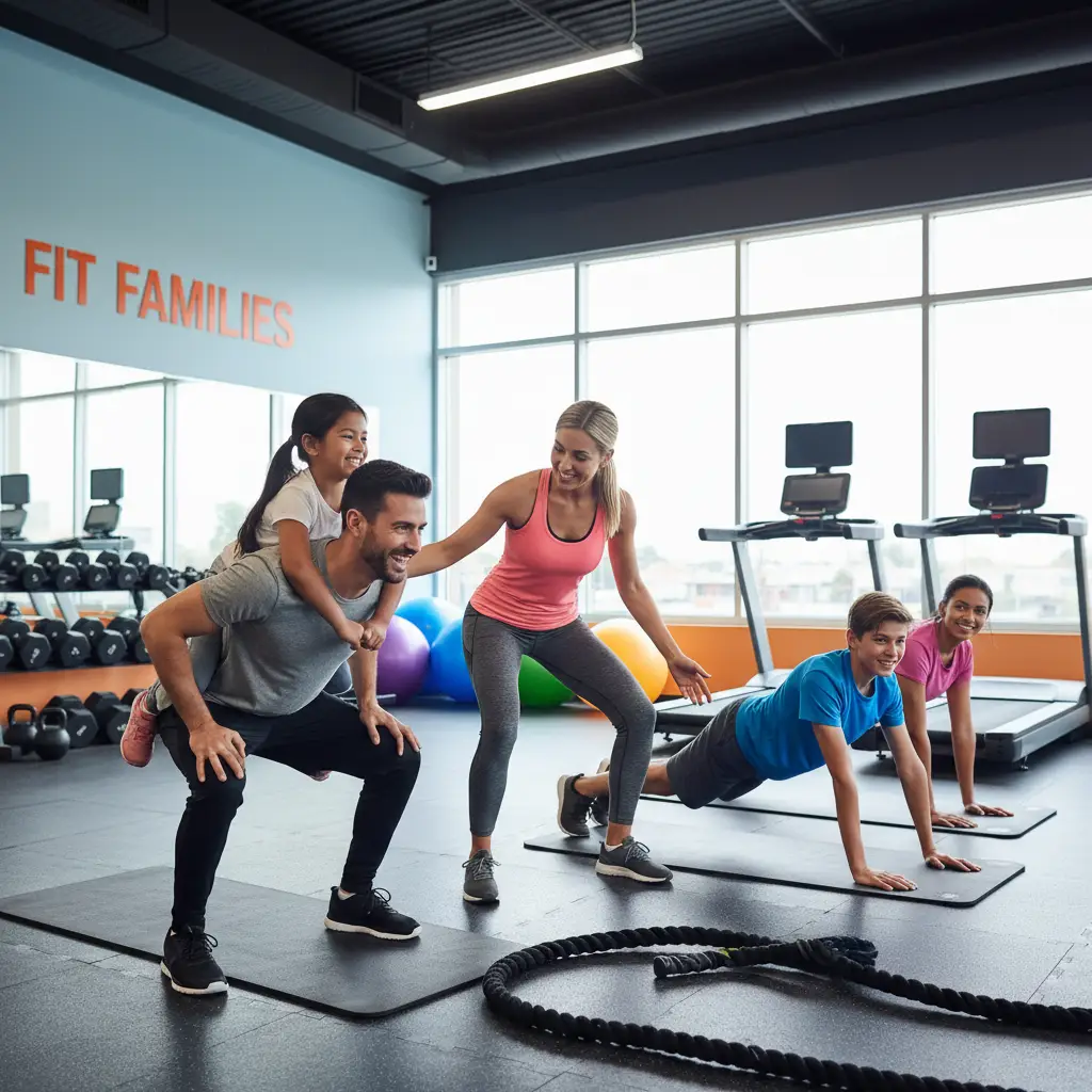 Illustration of a family doing a group workout together on mats in a bright gym