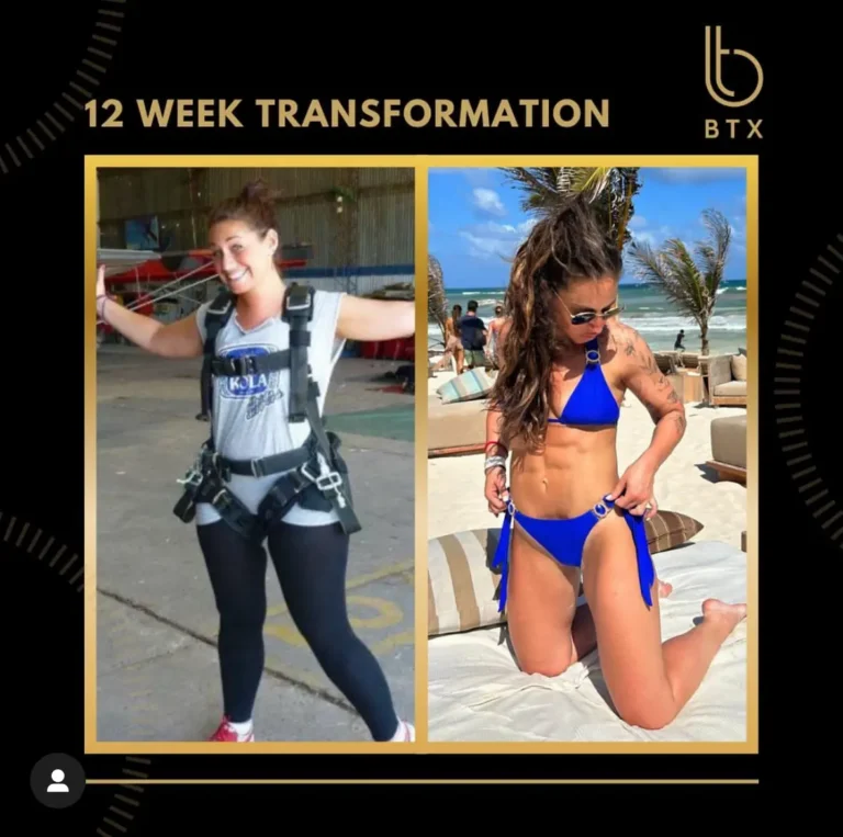 Rachel before and after her 12 week BTX transformation, the after photo on a beach