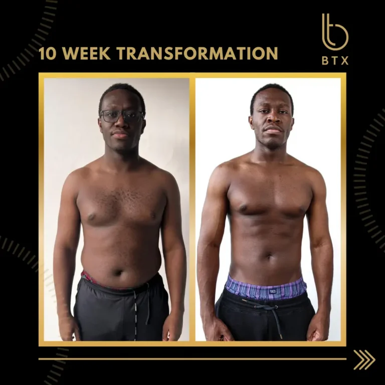Deji before and after his 10 week BTX transformation, standing front on