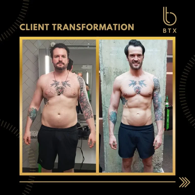 Cameron before and after his BTX transformation, tattooed chest and arms, front view