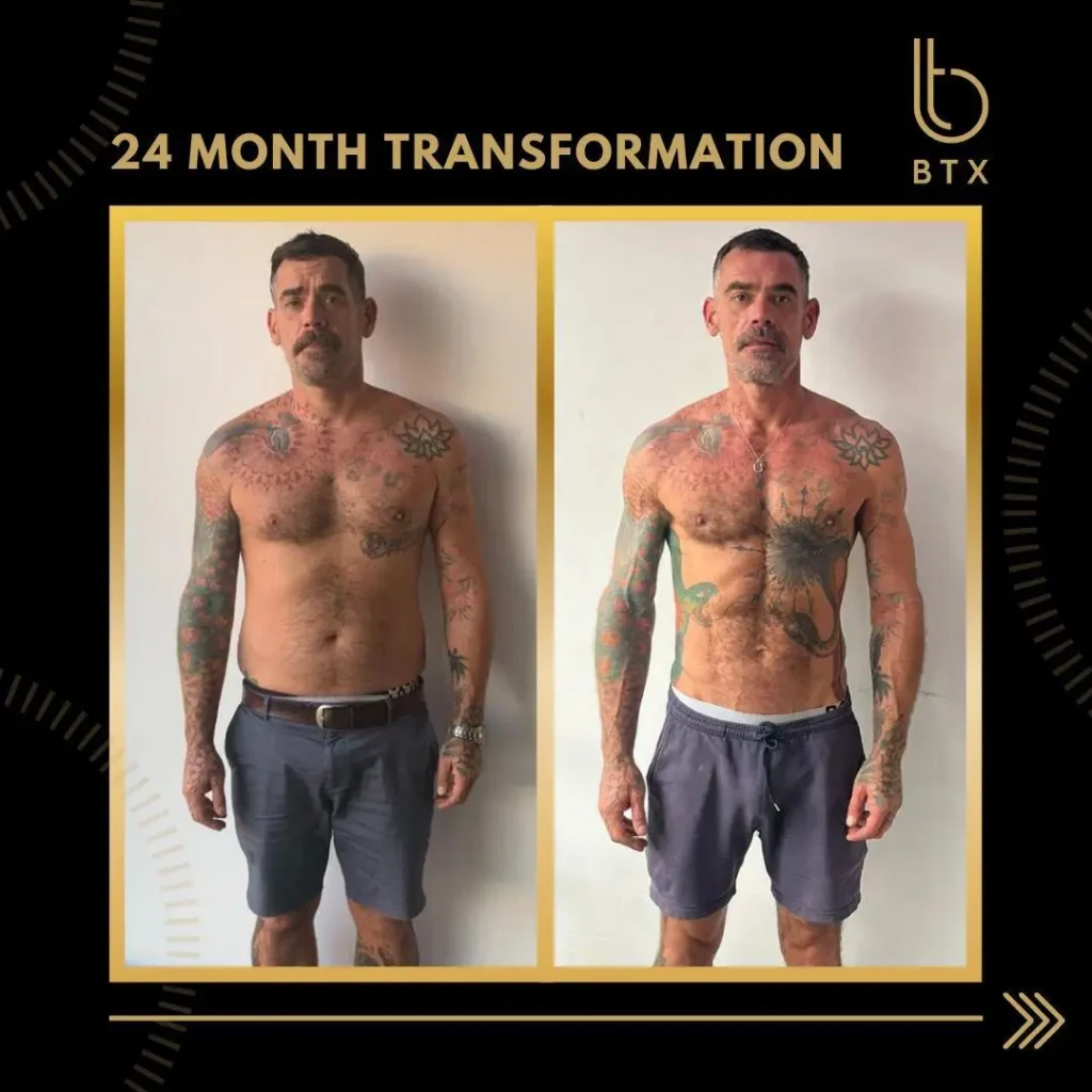 Glen before and after his 24 month BTX transformation, tattooed arms, front view