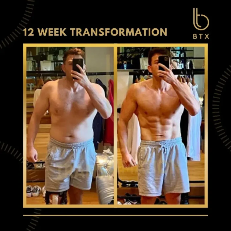 Kieran before and after his 12 week BTX transformation, in 2 mirror photos