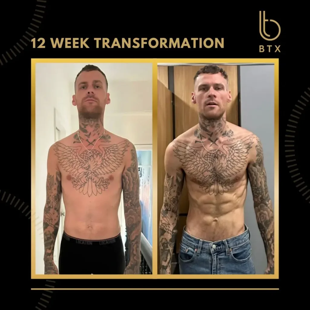 Lee before and after his 12 week BTX transformation, tattooed chest, front view