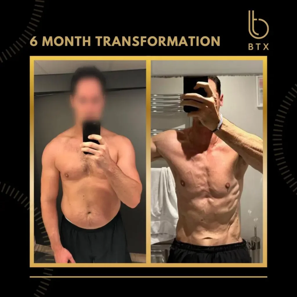 Iain before and after his 6 month BTX transformation, shown in 2 mirror photos
