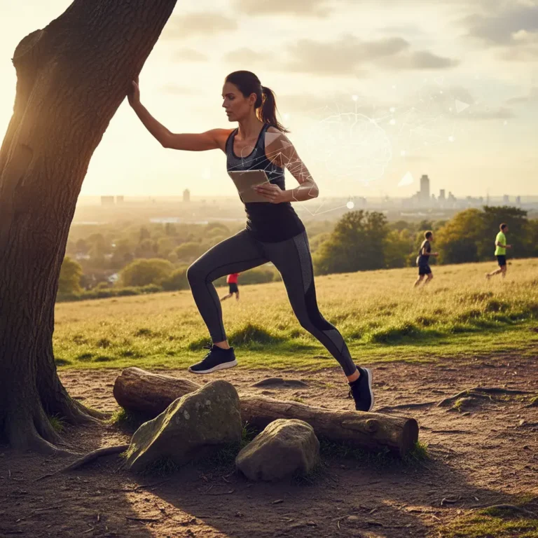 Illustration of a woman lunging on a grassy hillside at sunset above a city skyline