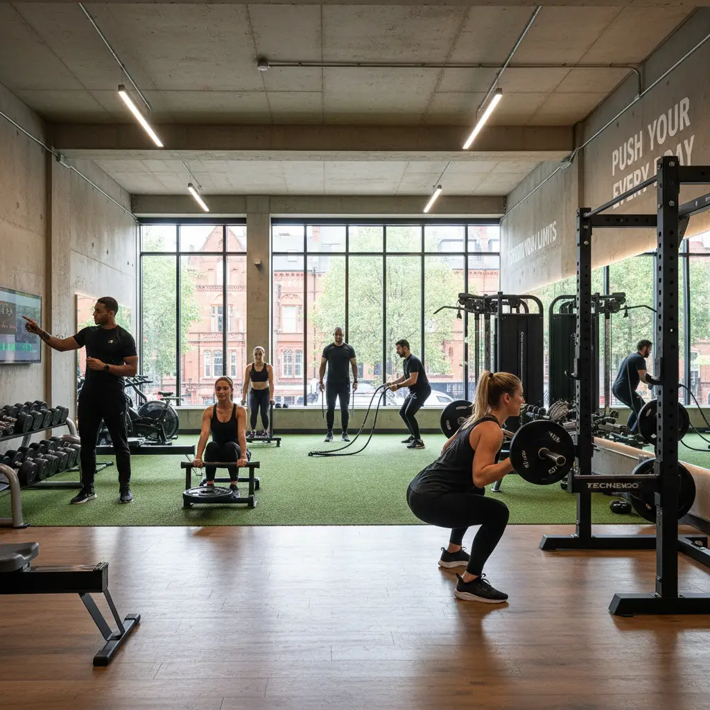 Illustration of a coach talking to people training on turf in a bright gym