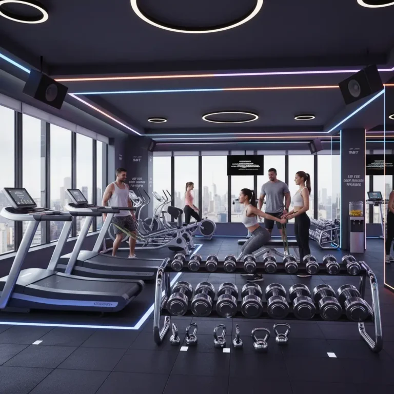 Illustration of a modern gym with treadmills, dumbbells and people training under neon lights