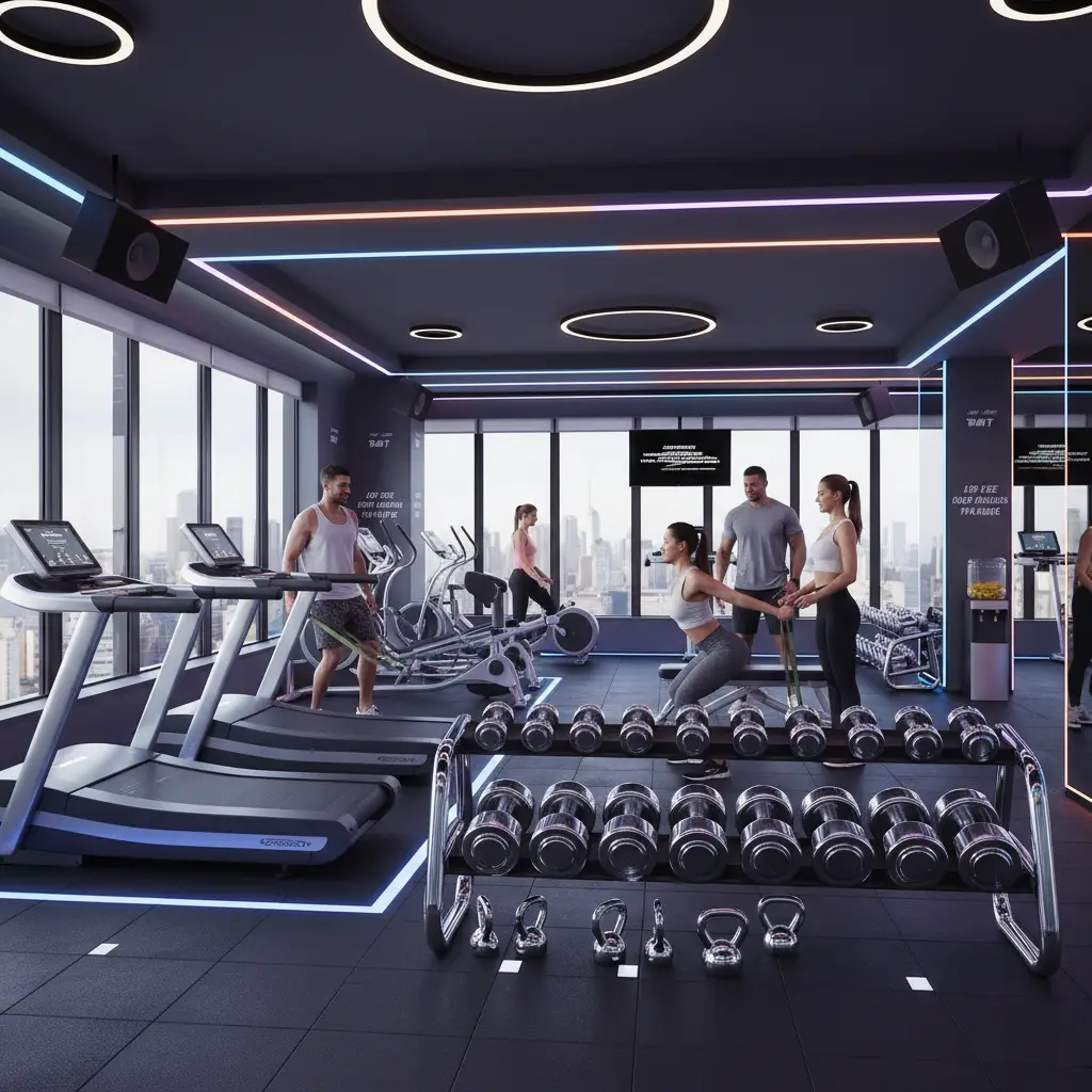 Illustration of a modern gym with treadmills, dumbbells and people training under neon lights