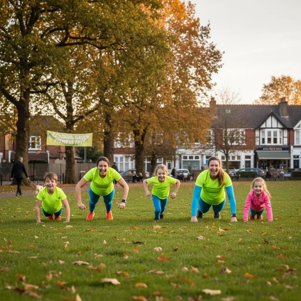 Illustration of a family group in bright tops doing planks on grass in a park