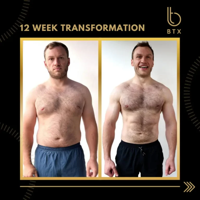 Tom before and after his 12 week BTX transformation, standing front on